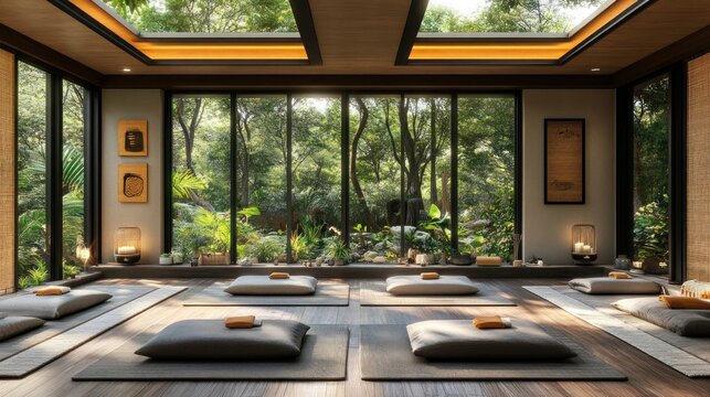 Tranquil meditation room with nature views