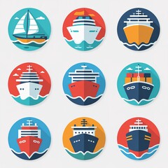 Colorful Maritime Vessel Icons in Circular Designs Featuring Different Ship Types