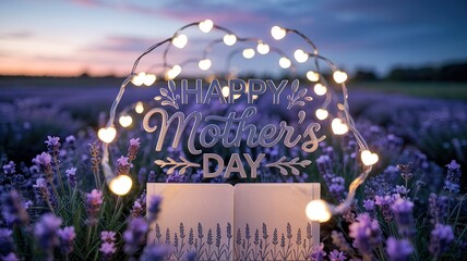 Happy Mother’s Day Greeting with Lavender Flowers and Heart-Shaped Lights