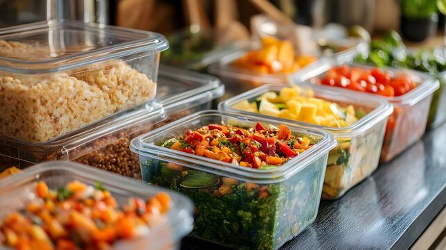 Close-up of leftover food stored in clear containers to prevent waste