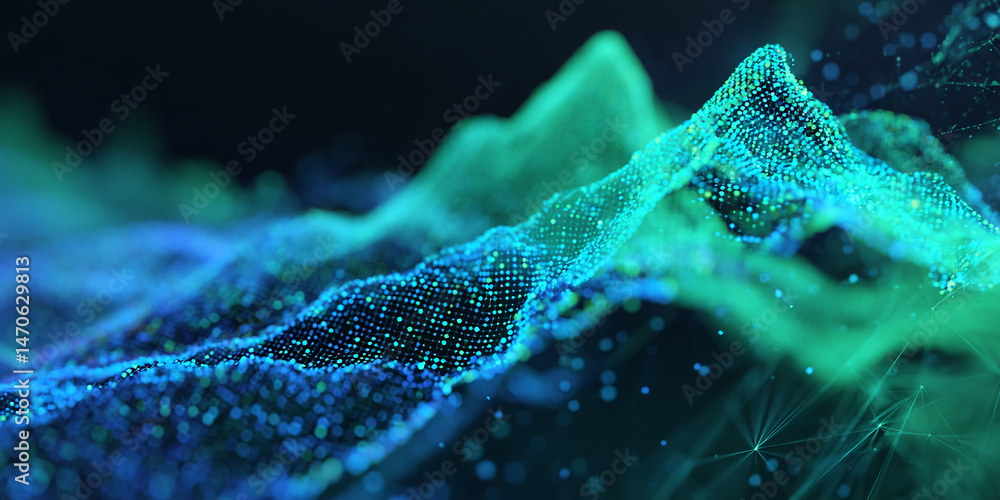 Poster abstract teal and green particle landscape, creating a flowing, dynamic digital terrain, showcasing 