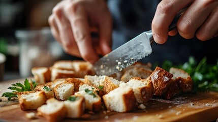 Hands slicing stale bread to make croutons instead of discarding it