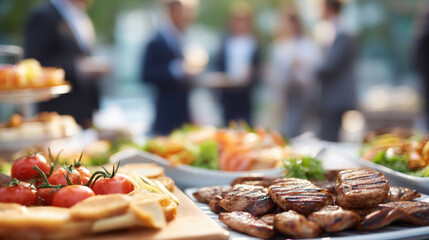 Grilled meats, appetizers, and mingling professionals at an outdoor catered event