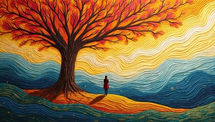 AI art image depicts woman standing before large tree with autumn foliage. Textured layered art evokes feeling of hope, connection. Mental health, support concept.