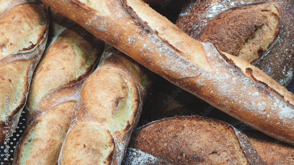 Poster A row of bread loaves with one of them being a baguette. bread is all different shapes and sizes, but they all have a similar texture and color. Concept of abundance and variety