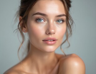Fototapeta premium Close-up portrait of young woman with smooth skin blue eyes. Model with natural makeup. Beauty, skincare, fashion, cosmetology concept. Pretty girl with soft look in studio.