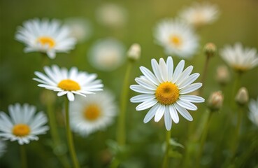 Fototapeta premium Chamomile flowers bloom in a field on sunny summer day. White petals, yellow center details. Wildflowers. Close-up of daisy-like flowers in natural outdoor background. Blooming season.