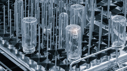 Wash stand with chemical glass flasks and micronizers of medical pharmaceutical laboratory. Cleaning washing and sterilization of laboratory glass. Pharmaceutical analysis concept background.