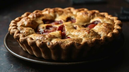 A delicious pie with a golden-brown crust and fruit filling, served on a ceramic plate, natural lighting, stock photo style.