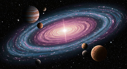 A captivating cosmic vista featuring planets orbiting a radiant galaxy core amidst a backdrop of twinkling stars in the vast expanse.