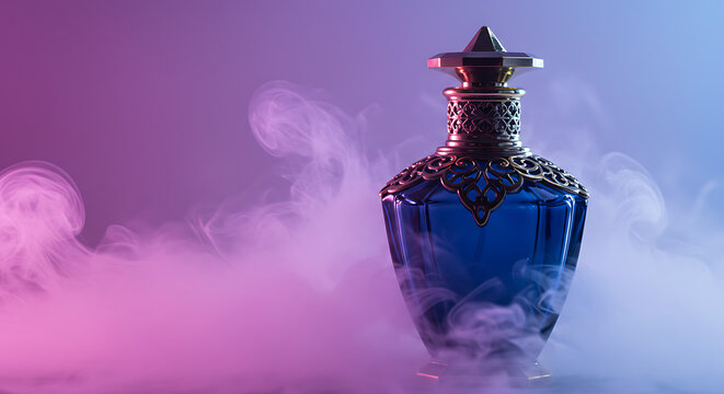 Elegant blue bottle with intricate metal detailing, surrounded by swirling smoke in a gradient of pink and blue light. Mystical essence. - Powered by Adobe