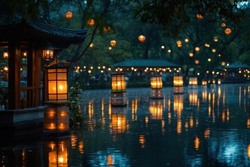 Fototapeta premium Beautiful lanterns illuminate a tranquil lakeside pavilion in the evening, creating a serene atmosphere for visitors to enjoy nature and culture