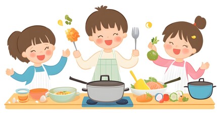 Family cooking together with leftover ingredients from previous meals