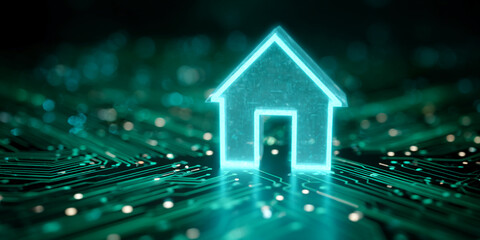 Glowing house icon on a circuit board, symbolizing smart home technology, innovation, and connection
