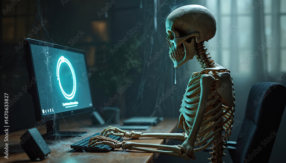 Poster skeleton at desk, typing on computer keyboard. loading screen, cobwebs, workspace, office. concept o