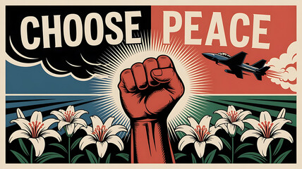 Peace Movement Illustration: Red Fist Amid Blooming Lilies in Anti-War Protest Artwork, choose peace