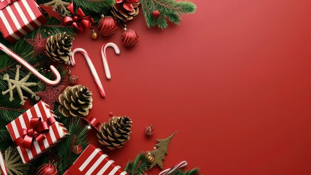A flat lay holiday decorations red backdrop. Elements include wrapped presents red , white stripes, pinecones, red baubles, candy canes, , sprigs fir branches, perfect festive design.