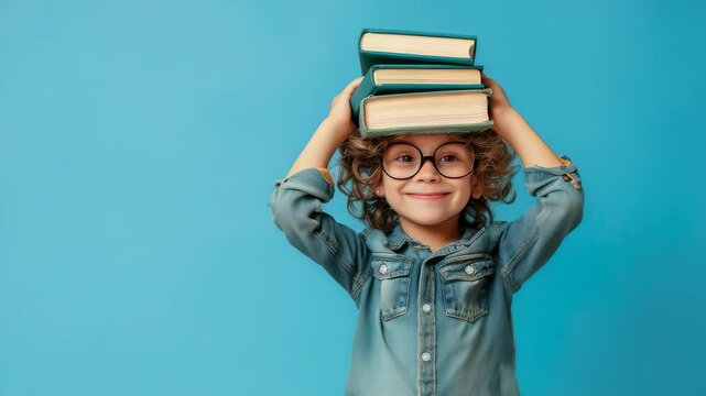 A young girl with curly hair and glasses smiles while balancing a stack of books on her head against a bright blue background. She is wearing a denim shirt in a cheerful and studious pose.