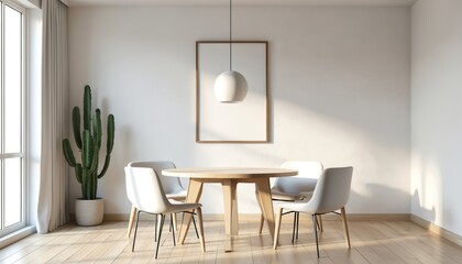 Modern minimalist dining room interior. White wall, empty photo frame above round wooden table with white chairs. Parquet floor, big cactus, sunlight. Stylish interior design, apartment, home, decor.