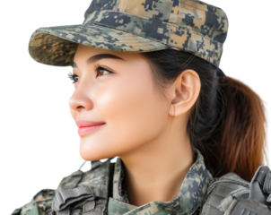 Confident woman in camouflage uniform and cap gazes thoughtfully blending strength and serenity in expression isolated on png transparent background