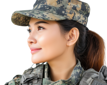 Confident woman in camouflage uniform and cap gazes thoughtfully blending strength and serenity in expression isolated on png transparent background