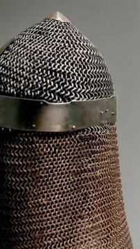 Medieval knight's helmet featuring a chainmail aventail and metallic cross on top, displayed against a neutral background.