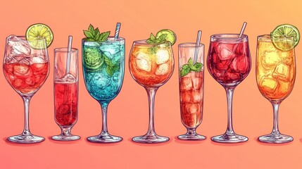 Colorful cocktails in various glasses
