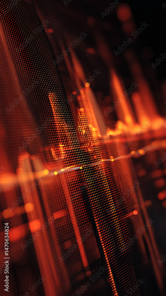 Poster abstract image of orange and black grid, glowing points create dynamic texture, suggesting technolog