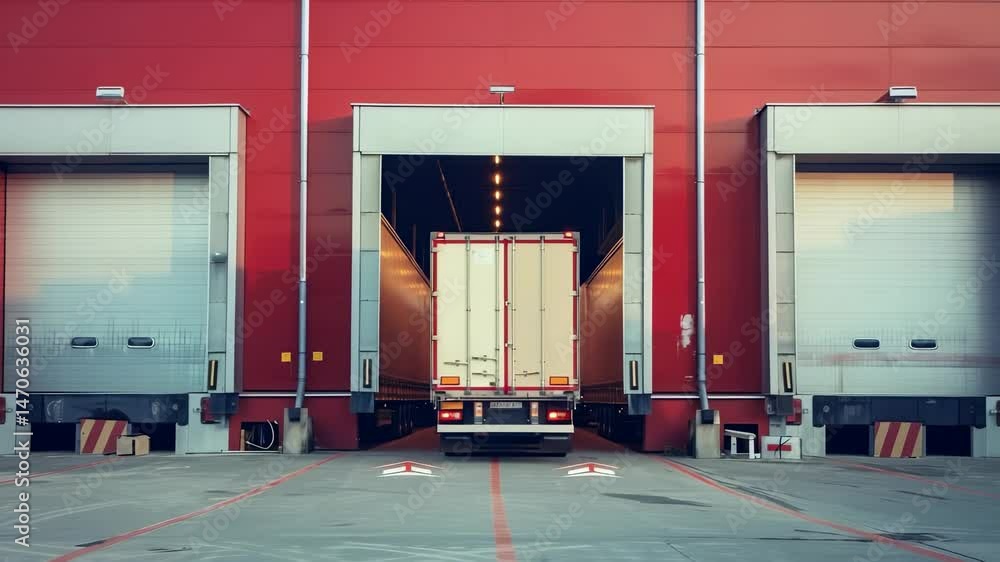 Aufkleber Delivery truck backed up to a large red warehouse at a loading dock. Bay doors are open to assist in the unloading and loading of cargo. The lighting from within the warehouse illuminates the trailer.