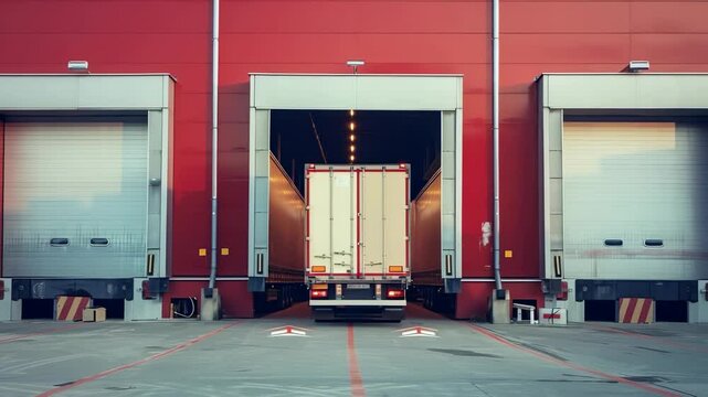 Delivery truck backed up to a large red warehouse at a loading dock. Bay doors are open to assist in the unloading and loading of cargo. The lighting from within the warehouse illuminates the trailer.