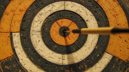 Accurate arrow hitting center of target bullseye orange black white aim old goal game worn shot focus