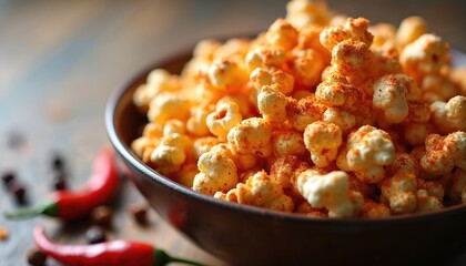 Close-up photo of spicy popcorn bowl with red chili peppers. Popcorn seasoned with spices for snack time. Rustic food with hot flavor, perfect for movie night.