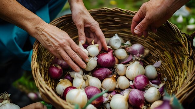 Hands sorting freshly harvested onions and garlic for a sustainable meal
