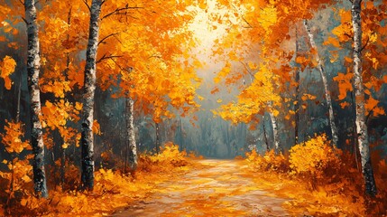Golden Trees Autumn Forest Path Landscape