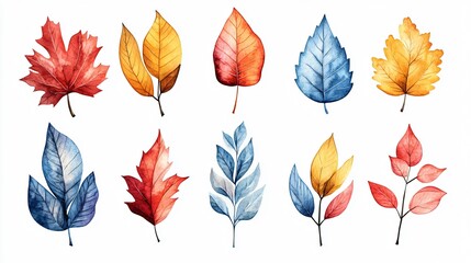 Fototapeta premium Autumn Leaves Watercolor Floral Set for Beautiful Designs