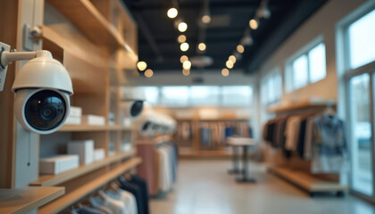 Security cameras surveillance a store interior. Protection from theft, crime. Electronic video monitoring system for public places, business. Technology, safety and security. Security guard concept.