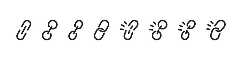 Chain vector icons in whole and broken form with simple outline style. Symbolic link icons for connection and break.