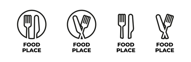 Restaurant location icon set with fork and knife in outline style. Food place symbol vector for map or interface use