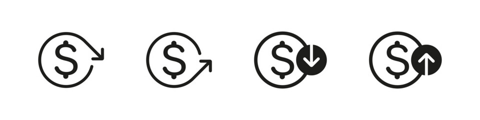 Dollar money rise and fall vector icons set with arrows. Financial direction symbols in minimal outline design
