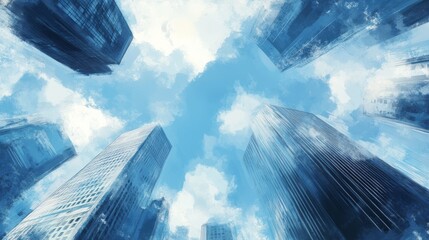 Elevated perspective of city buildings against a sky.