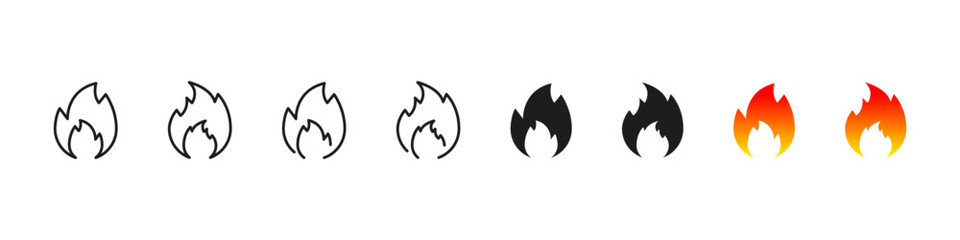 Flame icons in outline, flat, and gradient vector styles.
Fire symbols for heat, burn, and energy representation