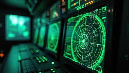 High-tech navigation hub ship bridge. Radar screen monitors display real-time data. Advanced tech control panel instruments. Modern ship captains bridge concept. Maritime, sea, ocean travel, safety