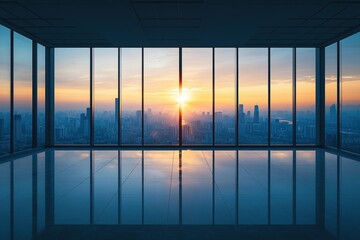 Fototapeta premium Sunrise over a city skyline viewed from a modern high-rise office with glass walls, reflecting vibrant colors of dawn across the empty floor space