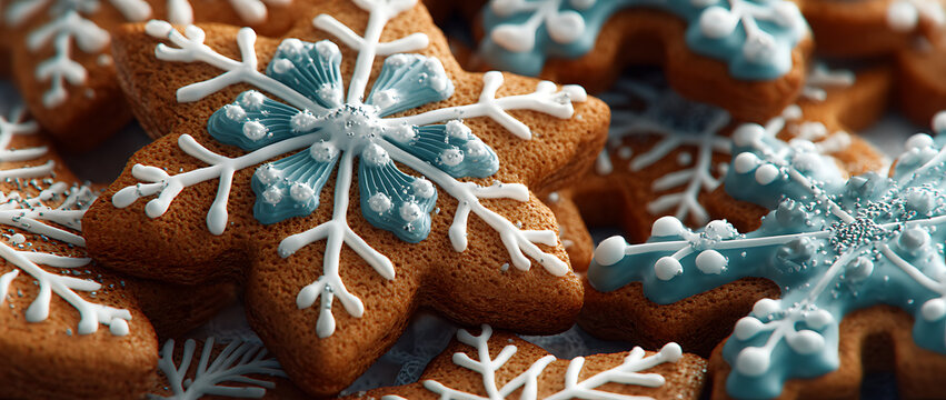 Close-up of star-shaped gingerbread cookies decorated with snowflake icing. Winter holiday treats.