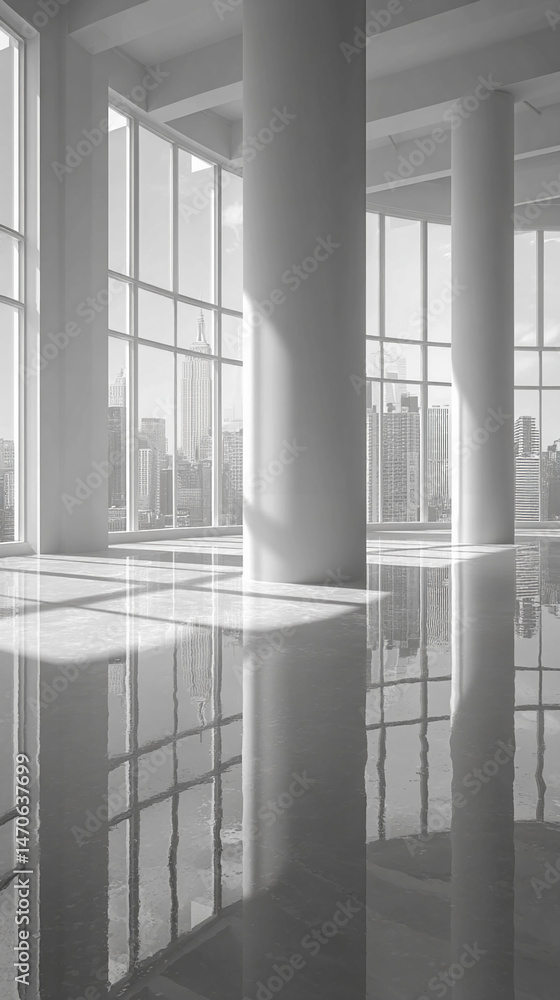 Poster modern, minimalist empty room with large windows showcasing a city skyline reflected on glossy floor