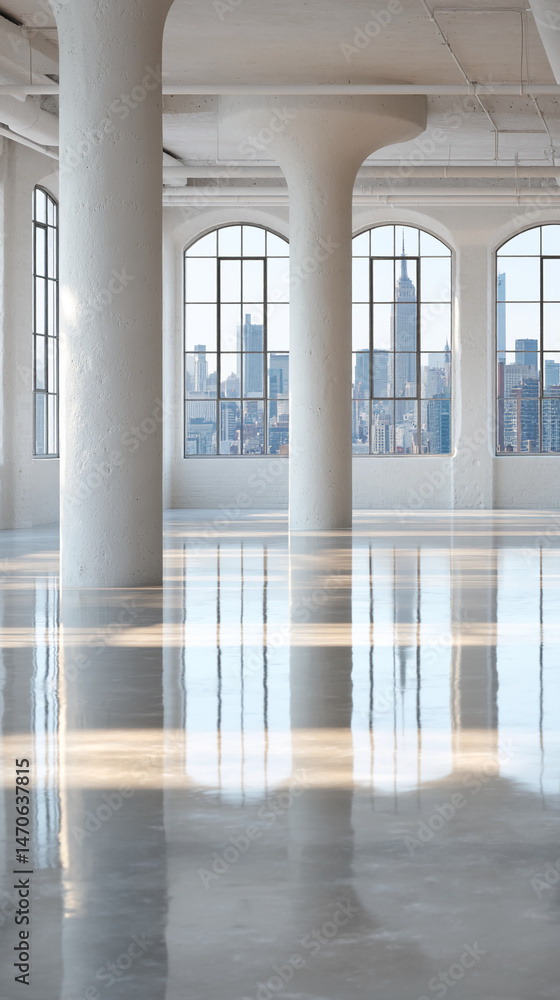 Poster empty loft space with large windows showcasing city skyline, polished floor reflecting light and arc
