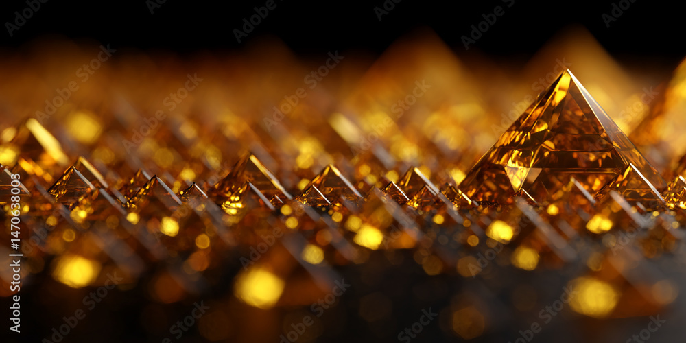 Poster close-up of amber crystal pyramids, creating a sparkling, luxurious texture symbolizing wealth, succ