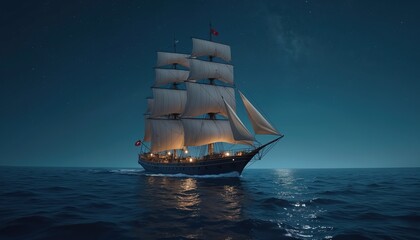 Vintage sailing ship navigating open ocean under starry night. Nautical adventure, exploration sea voyage. Romantic travel, starry sky, dark water, peaceful journey. Evening scene, maritime