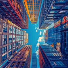 Urban skyscrapers rising toward a vibrant sky.