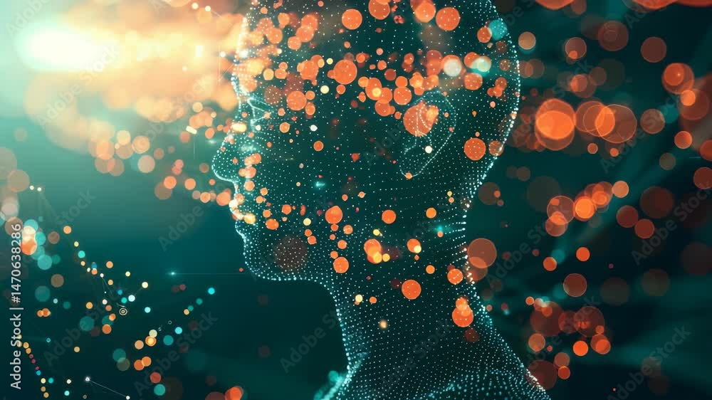 Poster Abstract representation of artificial intelligence with a wireframe human head formed by dots and lines surrounded by a matrix of glowing orbs on a dark green background, representing AI concept.